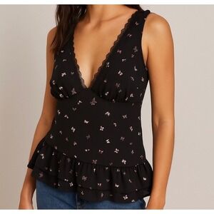Wild Fable Black Butterfly Print Peplum Top Lace Trim Sleeveless Asym Hem Y2K SM